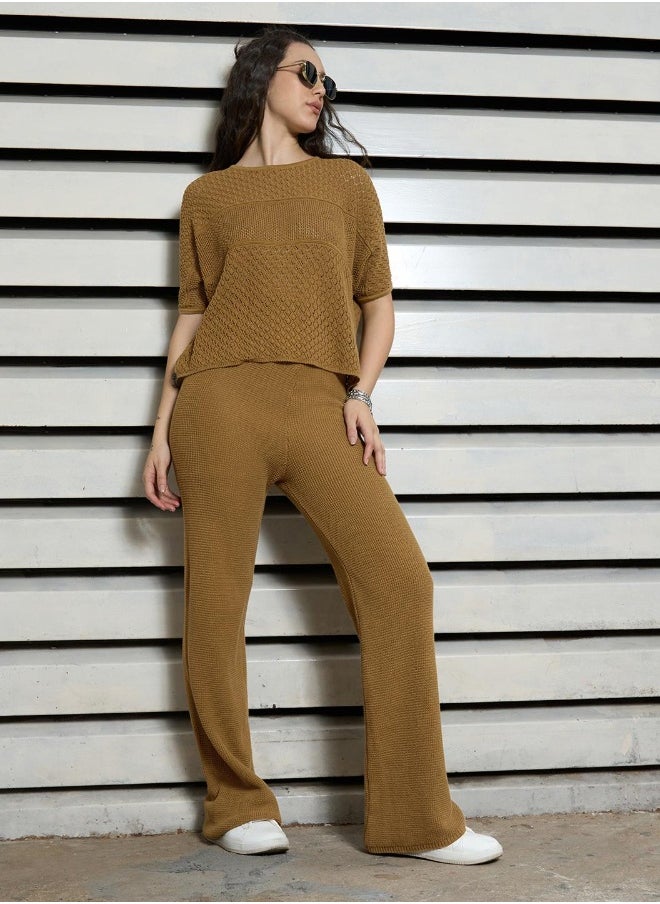 HIGH STAR Women's Khaki 100% Cotton Solid Pattern T-Shirt Upperwear Cropped Length Regular Fit Co-Ords  - Image 2