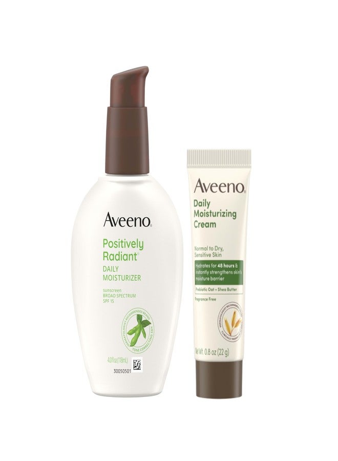 Aveeno Skincare Bundle, Positively Radiant Daily Facial Moisturizer with SPF 15 Sunscreen + Soy, 4 fl. oz, & Trial Size Daily Moisturizing Cream for Body, Face, & Hands, 0.8 oz, Two Pack, 2 Items - Image 1
