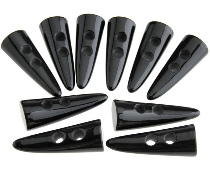10PCS BLACK RESIN TOGGLE BUTTONS HORN TOOTH SHAPE TWO HOLES COMPATIBLE WITH DUFFEL COAT JACKET BLAZER SEWING