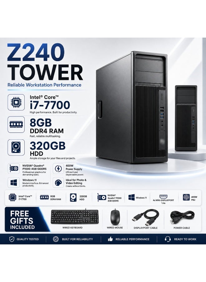 محطة عمل Z240 تاور - معالج إنتل كور i7-7700، رام 8 جيجابايت، هارد 320 جيجابايت HDD، كارت شاشة انفييديا كوادرو P1000 بسعة 4 جيجابايت، مزود طاقة 400 واط، ويندوز 11 برو مع لوحة مفاتيح وماوس وكابلات مجاناً - Image 1