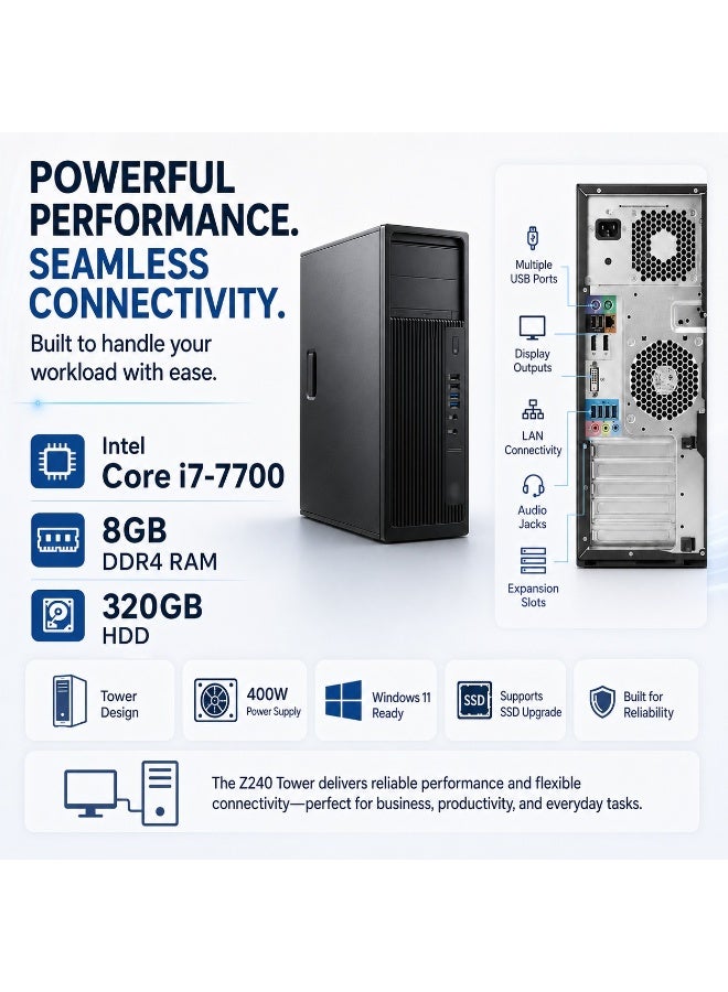 محطة عمل Z240 تاور - معالج إنتل كور i7-7700، رام 8 جيجابايت، هارد 320 جيجابايت HDD، كارت شاشة انفييديا كوادرو P1000 بسعة 4 جيجابايت، مزود طاقة 400 واط، ويندوز 11 برو مع لوحة مفاتيح وماوس وكابلات مجاناً - Image 2