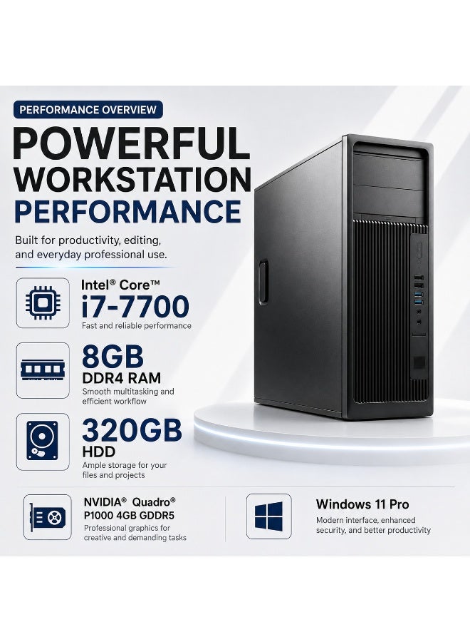 محطة عمل Z240 تاور - معالج إنتل كور i7-7700، رام 8 جيجابايت، هارد 320 جيجابايت HDD، كارت شاشة انفييديا كوادرو P1000 بسعة 4 جيجابايت، مزود طاقة 400 واط، ويندوز 11 برو مع لوحة مفاتيح وماوس وكابلات مجاناً - Image 4