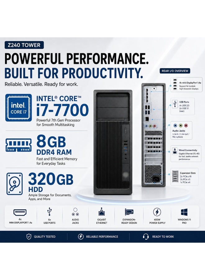 محطة عمل Z240 تاور - معالج إنتل كور i7-7700، رام 8 جيجابايت، هارد 320 جيجابايت HDD، كارت شاشة انفييديا كوادرو P1000 بسعة 4 جيجابايت، مزود طاقة 400 واط، ويندوز 11 برو مع لوحة مفاتيح وماوس وكابلات مجاناً - Image 3