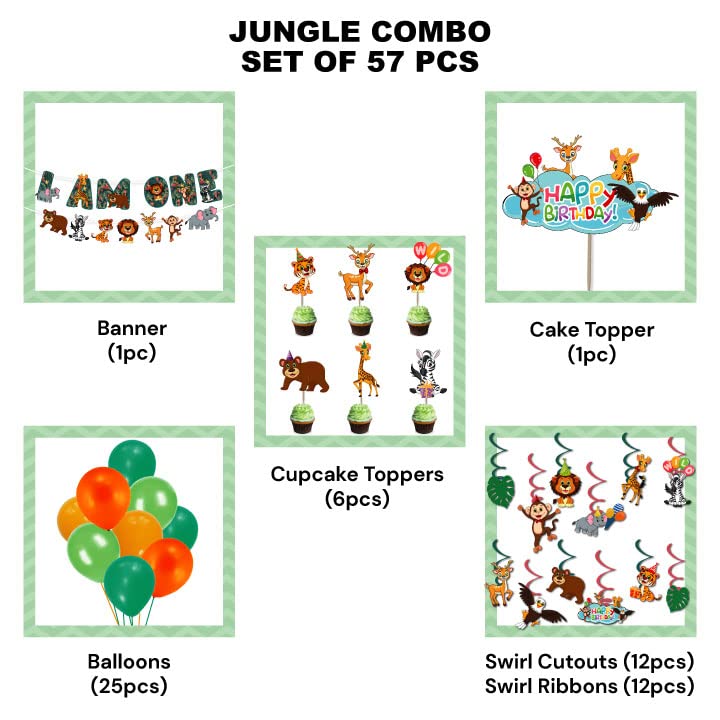 Festiko® 57 Pcs Jungle Theme Banner, Balloons, Cake & Cupcake Toppers, Swirls with Cutouts, Jungle Theme 1st Birthday Supplies, Jungle Theme I Am One Combo Decoration, Jungle Safari Theme Decorations - Image 2