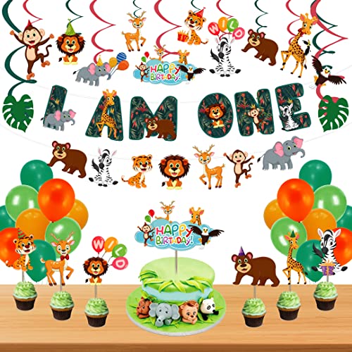 Festiko® 57 Pcs Jungle Theme Banner, Balloons, Cake & Cupcake Toppers, Swirls with Cutouts, Jungle Theme 1st Birthday Supplies, Jungle Theme I Am One Combo Decoration, Jungle Safari Theme Decorations - Image 1