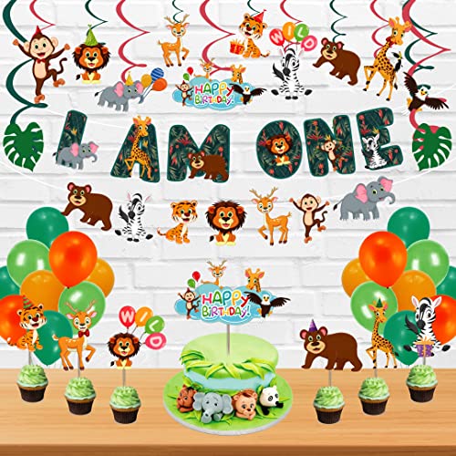 Festiko® 57 Pcs Jungle Theme Banner, Balloons, Cake & Cupcake Toppers, Swirls with Cutouts, Jungle Theme 1st Birthday Supplies, Jungle Theme I Am One Combo Decoration, Jungle Safari Theme Decorations - Image 3