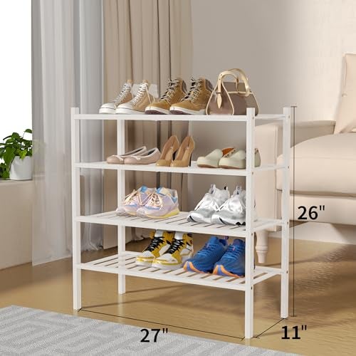 ROMGUAR CRAFT 4 Tier Bamboo Shoe Rack for Closet Free Standing Wood Shoe Shelf for Entryway Small Space Stackable 27"x11"x26" (White) - Image 3