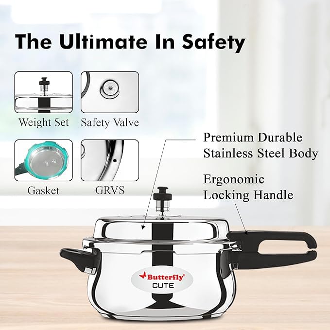 Butterfly Cute Ss Induction Compatible Outer Lid Stainless Steel Pressure Cooker With Glass Lid 5.5 liter, Silver - Image 3
