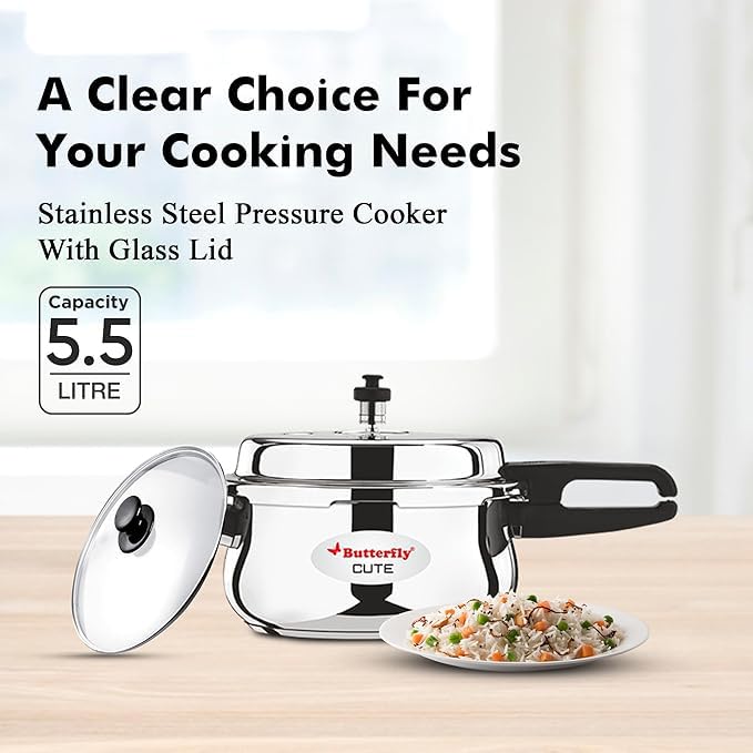 Butterfly Cute Ss Induction Compatible Outer Lid Stainless Steel Pressure Cooker With Glass Lid 5.5 liter, Silver - Image 2