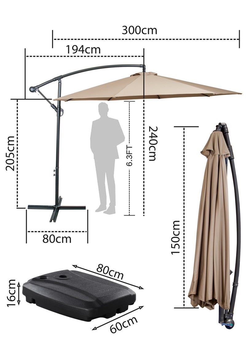 DBLEW - 3M Round Cantilever Parasol Patio Umbrella with 60L Water Filled Base Crank Handle Adjustable Tilt Angle and Height Offset Hanging Sun Shade Banana Umbrella UV And Water Resistant 210g Polyester Canopy Rust-Resistant Steel Frame 360° Rotation and Portable Wheels for Outdoor Yard Garden Swimming Pool Camping or Patio - Image 1