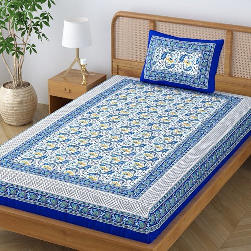 Colorish 120 TC Cotton Blend Elephant Printed Jaipuri Bedsheet for Single Bedsheet with 1 Pillow Cover, Indigo Blue - Image 3