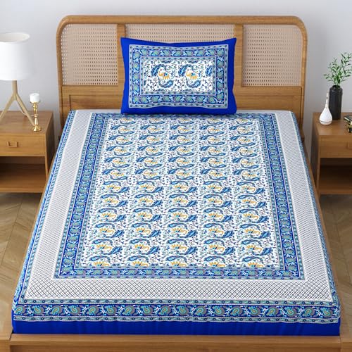 Colorish 120 TC Cotton Blend Elephant Printed Jaipuri Bedsheet for Single Bedsheet with 1 Pillow Cover, Indigo Blue - Image 2