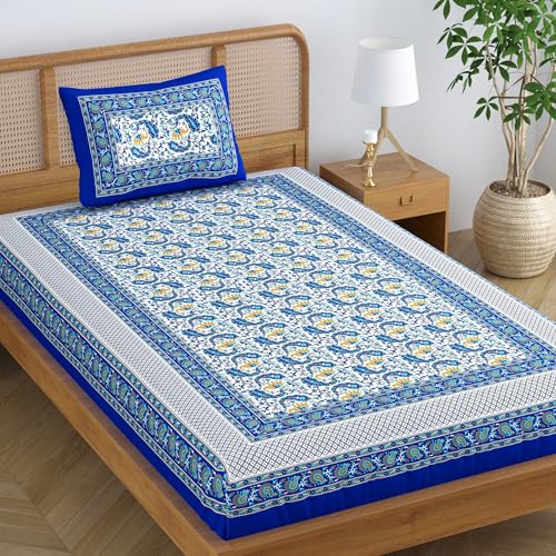 Colorish 120 TC Cotton Blend Elephant Printed Jaipuri Bedsheet for Single Bedsheet with 1 Pillow Cover, Indigo Blue - Image 1