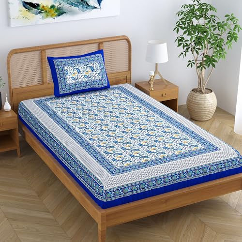 Colorish 120 TC Cotton Blend Elephant Printed Jaipuri Bedsheet for Single Bedsheet with 1 Pillow Cover, Indigo Blue - Image 4