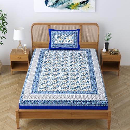Colorish 120 TC Cotton Blend Elephant Printed Jaipuri Bedsheet for Single Bedsheet with 1 Pillow Cover, Indigo Blue - Image 5