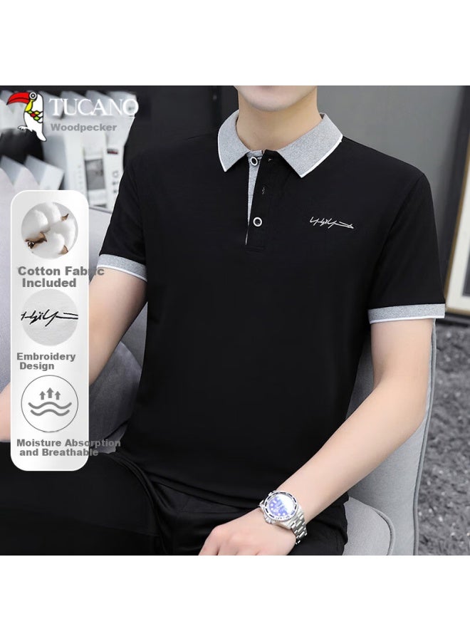 Tucano Men's Short Sleeve Polo Shirt Solid Color Classic Business Casual Turn-down Collar Fashion All-match Top Men's Clothing Black 2XL - Image 1