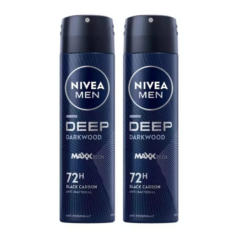 Nivea Men Deep Darkwood Maxx Tech Deodorant Spray With 72H Sweat and Odor Protection- 2X200ml