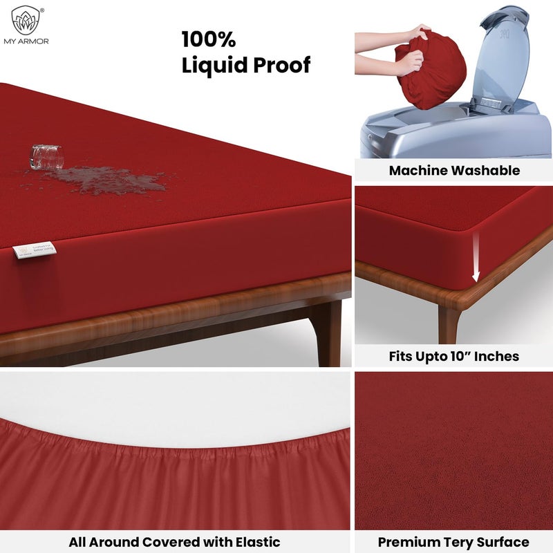 MY ARMOR Waterproof Mattress Protector King Size 78x72, 6.5x6 feet, Double Bed Protector Sheet Cover, Breathable and Hypoallergenic Ultra Soft Fitted Terry Cotton Fabric, Elastic Skirting, Maroon  - Image 2