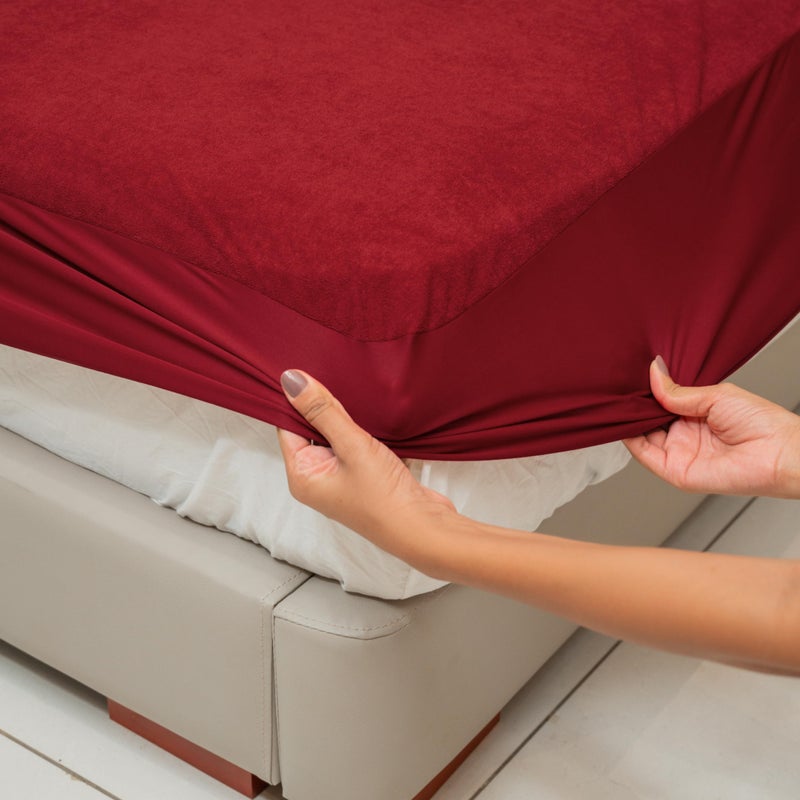 MY ARMOR Waterproof Mattress Protector King Size 78x72, 6.5x6 feet, Double Bed Protector Sheet Cover, Breathable and Hypoallergenic Ultra Soft Fitted Terry Cotton Fabric, Elastic Skirting, Maroon  - Image 1
