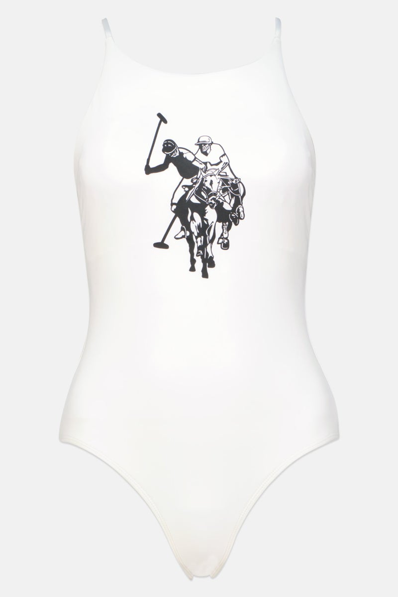 U.S. Polo Assn. Women Brand Logo Padded Adjustable Back One Piece Swimsuits, White  - Image 2