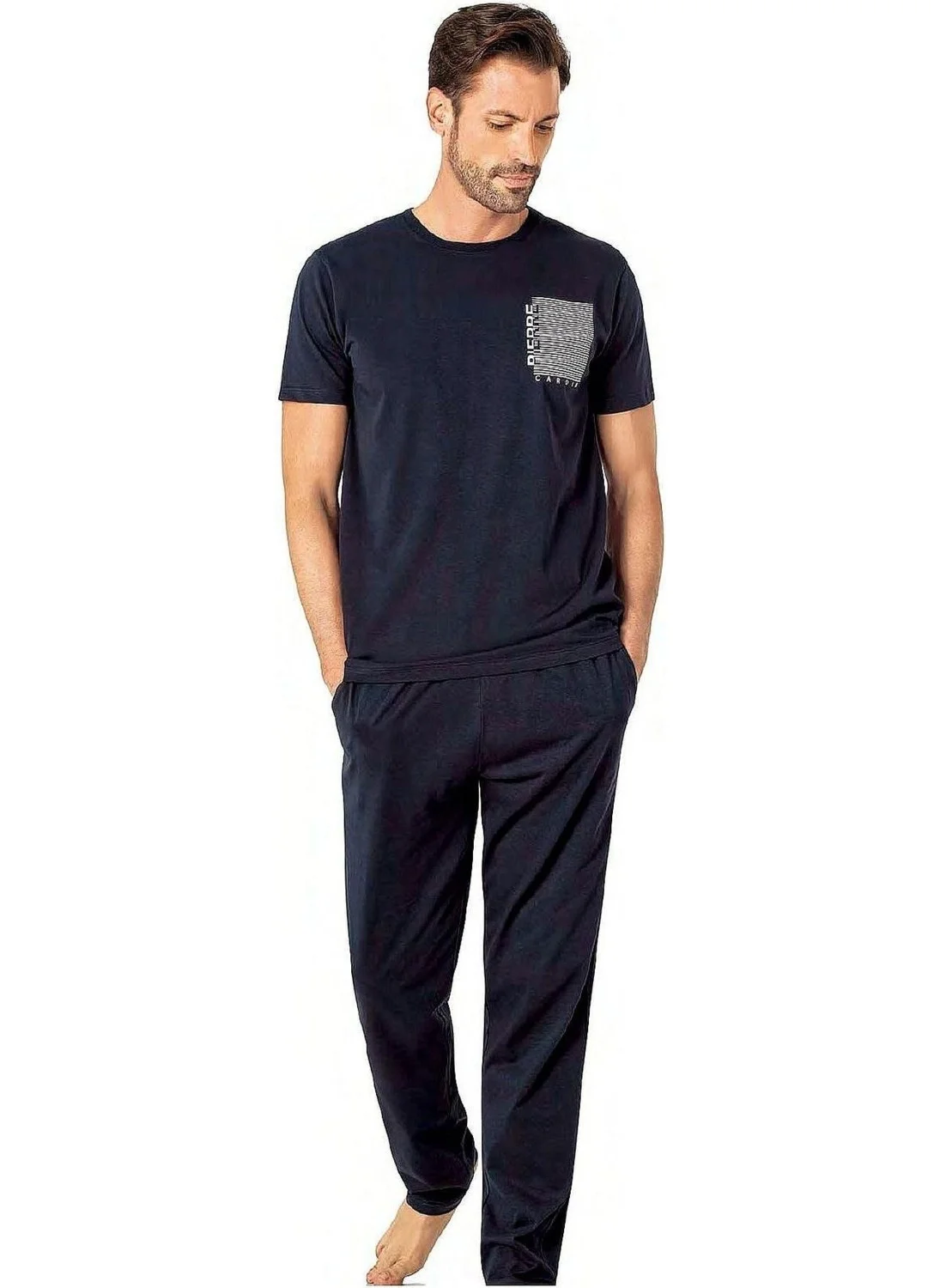 بيير كاردان 6075 Men's Short Sleeve Crew Neck Pajama Set-Navy Blue