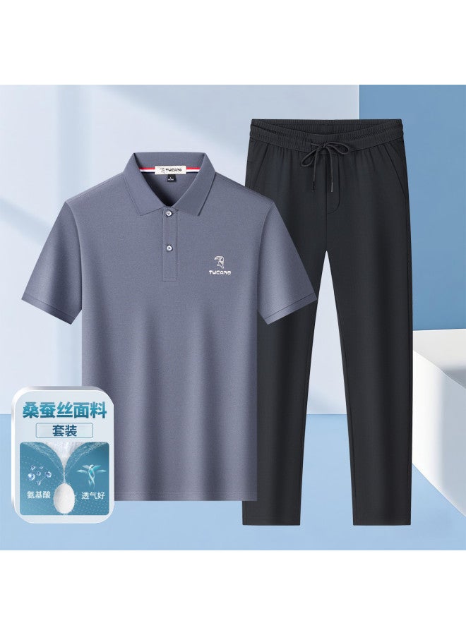 Tucano Mulberry Silk & Antibacterial | Summer Short-sleeve Polo Shirt + Cooling Silk Casual Pants - Loose Fit Men's Set - Image 2