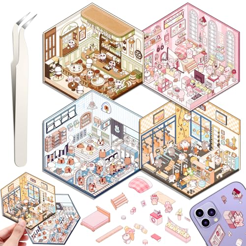 Draupnir ملصقات منزلية ثلاثية الأبعاد DIY، مجموعة 4 ملصقات ممتعة DIY لصنع منزلك الدافئ، سوبر ماركت، مقهى، بار موسيقي، ملصقات مشهد كرتونية ثلاثية الأبعاد لطيفة للكبار والأطفال لتخفيف التوتر وقضاء الوقت (XM2.0) - Image 1