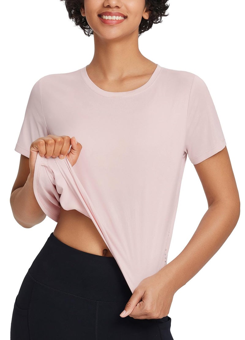 baleaf Women's Workout Tops Athletic Shirts Cropped Short Sleeve Split Back Running Gym Quick Dry Sun Protection UPF 50+ Pink L - Image 2