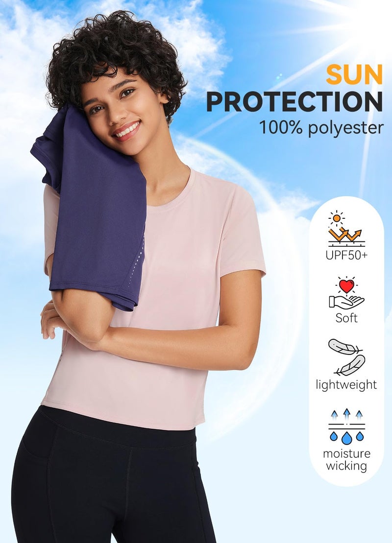 baleaf Women's Workout Tops Athletic Shirts Cropped Short Sleeve Split Back Running Gym Quick Dry Sun Protection UPF 50+ Pink L - Image 4