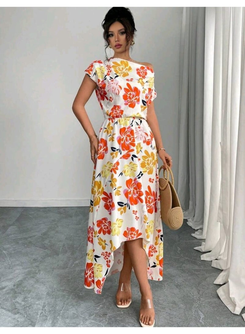 SHEIN Women's Elegant Slimming Minimalist Oblique Shoulder Ruched Waist Printed Dress - Image 1