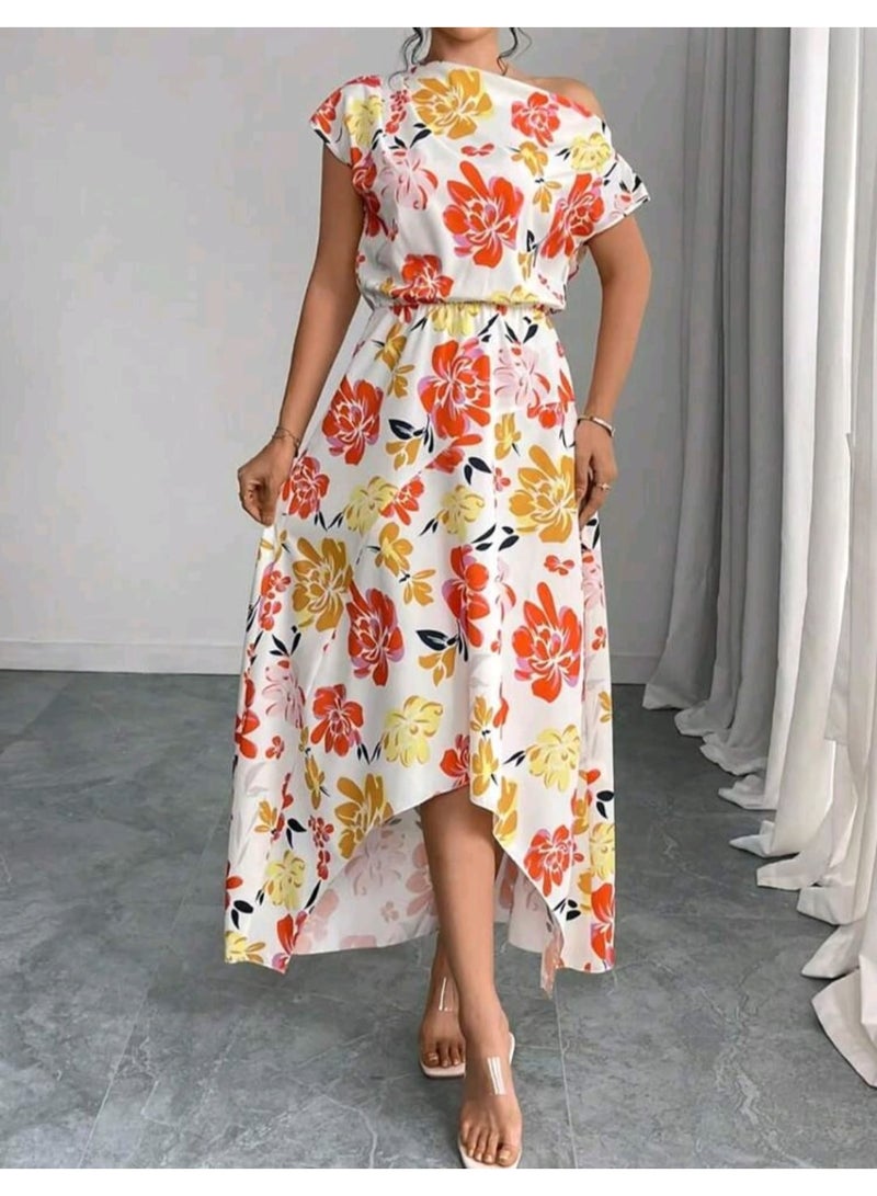 SHEIN Women's Elegant Slimming Minimalist Oblique Shoulder Ruched Waist Printed Dress - Image 2