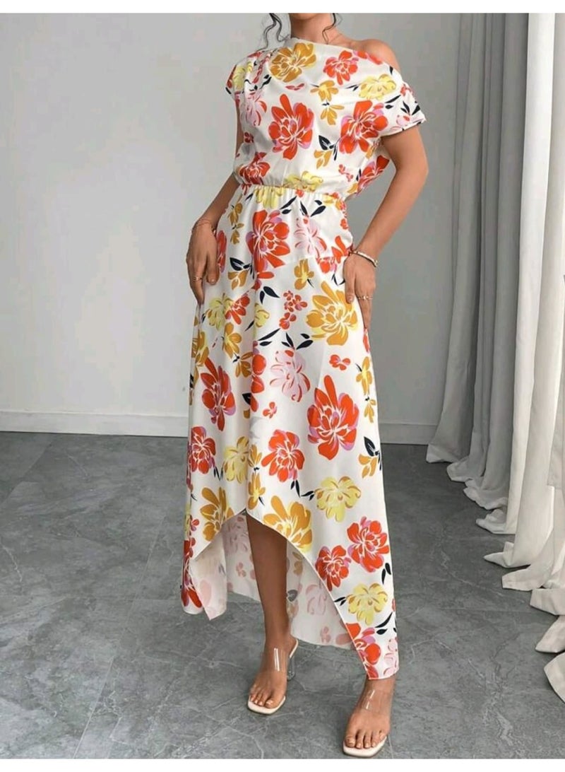 SHEIN Women's Elegant Slimming Minimalist Oblique Shoulder Ruched Waist Printed Dress - Image 5