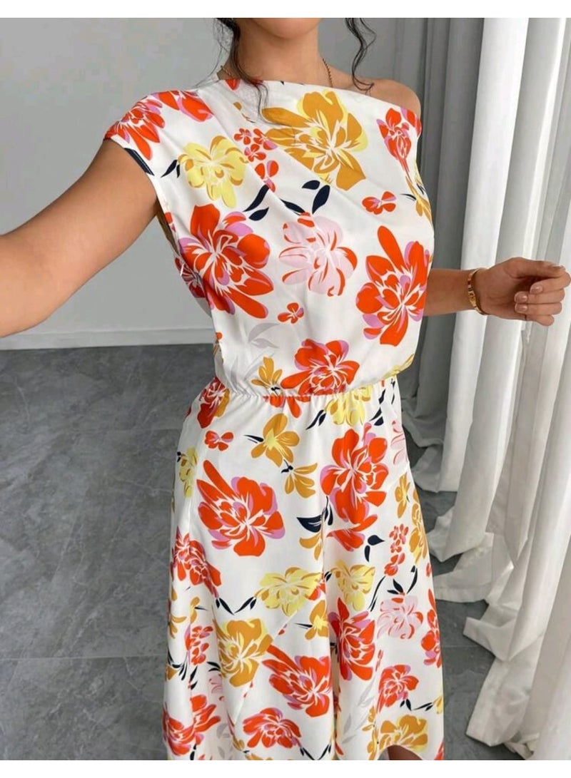 SHEIN Women's Elegant Slimming Minimalist Oblique Shoulder Ruched Waist Printed Dress - Image 4