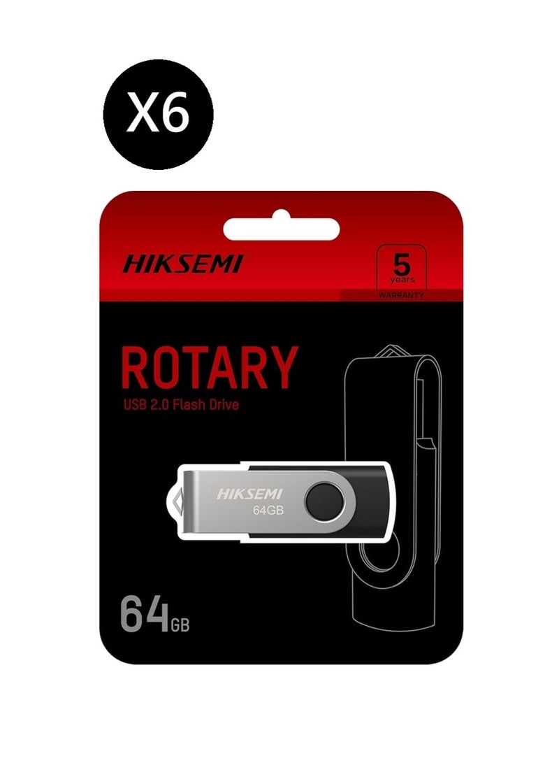 HIKSEMI Bundle Of 6 64GB USB 2.0 Spinning Pen Drive, Silver/Black | HS-USB-M200S 64G |