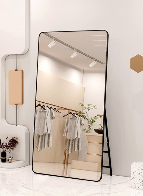 Multipurpose Use Rectangular Shape Design Wide Full Length Mirror Standing Hanging or Leaning Against Wall Large Bedroom Floor Mirror Dressing Mirror Wall-Mounted Full Body Mirror Round Corner Durable Metal Frame Support Decorative Mirror for Living Room Home Shops 50x160 cm