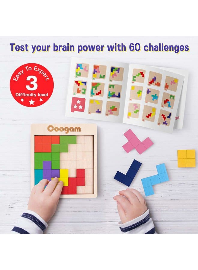 Coogam Wooden Puzzle Pattern Blocks Brain Teasers Game with 60 Challenges, 3D Russian Building Toy Wood Tangram Shape Jigsaw Puzzles Montessori STEM Educational Toys Gift for Kids Adults - Image 2