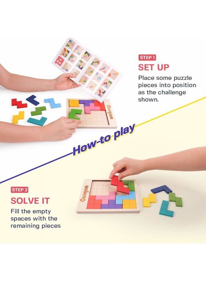 Coogam Wooden Puzzle Pattern Blocks Brain Teasers Game with 60 Challenges, 3D Russian Building Toy Wood Tangram Shape Jigsaw Puzzles Montessori STEM Educational Toys Gift for Kids Adults - Image 3