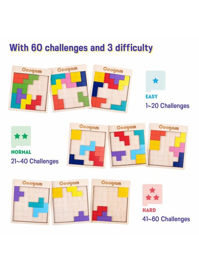 Coogam Wooden Puzzle Pattern Blocks Brain Teasers Game with 60 Challenges, 3D Russian Building Toy Wood Tangram Shape Jigsaw Puzzles Montessori STEM Educational Toys Gift for Kids Adults - Image 4