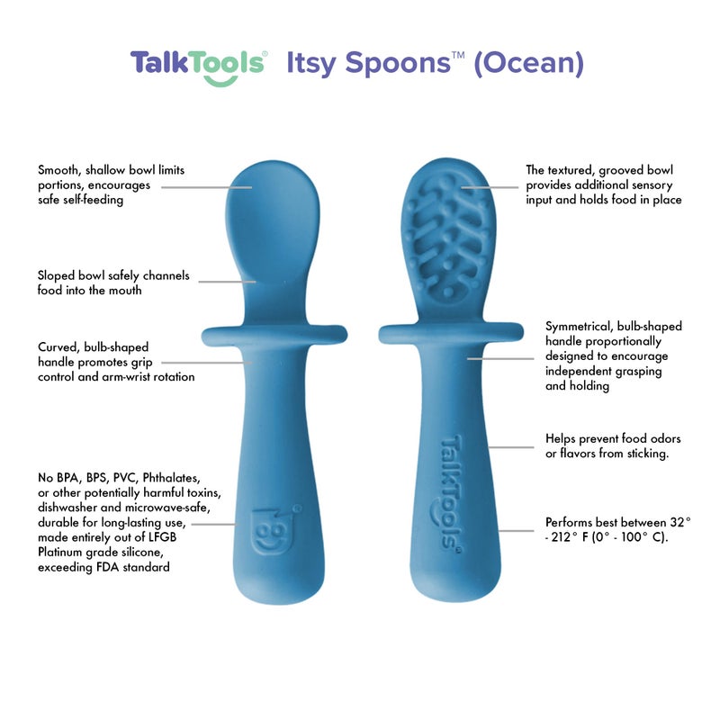 TalkTools ITSY Tiny Silicone Spoons - Twin Pack Soft Silicone Self-Feeding Training Spoons for Kids & Toddlers, Anti-Choking Flange Guard and Non-Slip Handle (Ocean) - Image 2