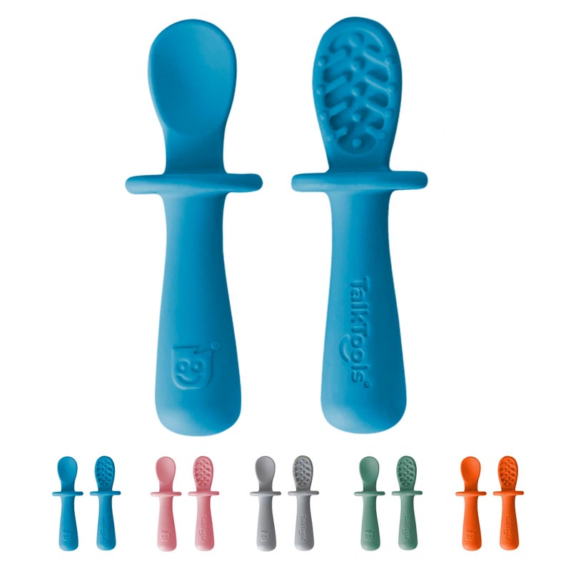 TalkTools ITSY Tiny Silicone Spoons - Twin Pack Soft Silicone Self-Feeding Training Spoons for Kids & Toddlers, Anti-Choking Flange Guard and Non-Slip Handle (Ocean) - Image 1