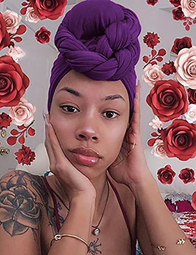 Harewom African Scarfs for Women Head Wraps Stretch Turban Jersey for High Ponytails or Bun Styles Headbands Purple - Image 4