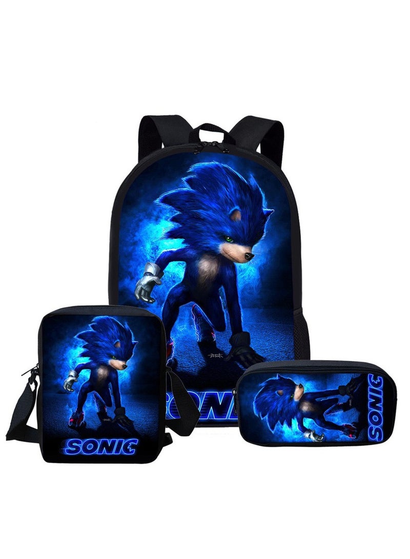 Sonic student large capacity backpack three piece set, anime cartoon backpack, shoulder bag pen bag