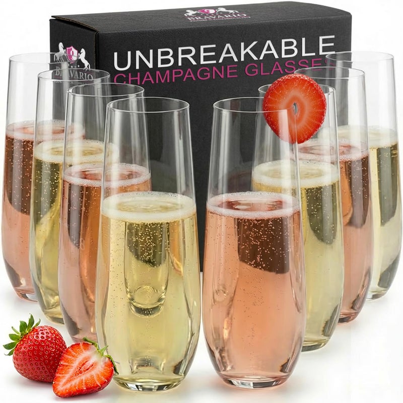 Bravario Plastic Champagne Flutes Heavy Duty Unbreakable Stemless Tritan Glasses BPAfree Reusable 85 oz Set of 8 - Image 2