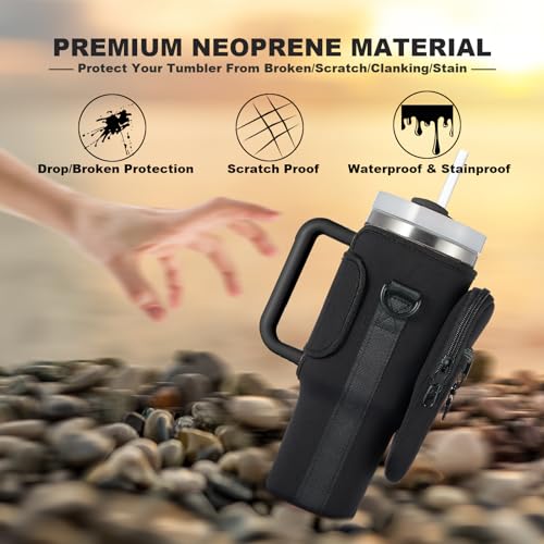 BULKITEM Water Bottle Carrier Bag with Phone Pocket for Black Stanley 40 oz Tumbler with Handle, Black Insulated Neoprene Cup Holder Pouch Strap for Valentines Stanley Cup Accessories - Image 4