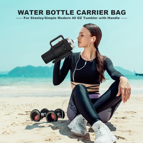 BULKITEM Water Bottle Carrier Bag with Phone Pocket for Black Stanley 40 oz Tumbler with Handle, Black Insulated Neoprene Cup Holder Pouch Strap for Valentines Stanley Cup Accessories - Image 2