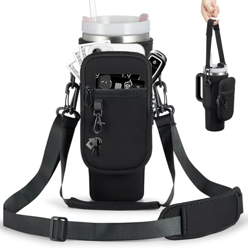 BULKITEM Water Bottle Carrier Bag with Phone Pocket for Black Stanley 40 oz Tumbler with Handle, Black Insulated Neoprene Cup Holder Pouch Strap for Valentines Stanley Cup Accessories - Image 1