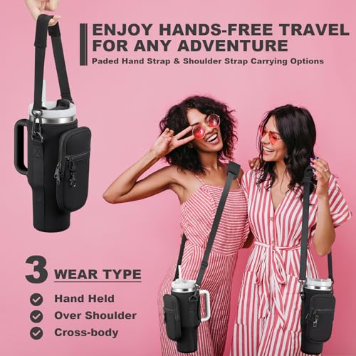 BULKITEM Water Bottle Carrier Bag with Phone Pocket for Black Stanley 40 oz Tumbler with Handle, Black Insulated Neoprene Cup Holder Pouch Strap for Valentines Stanley Cup Accessories - Image 5
