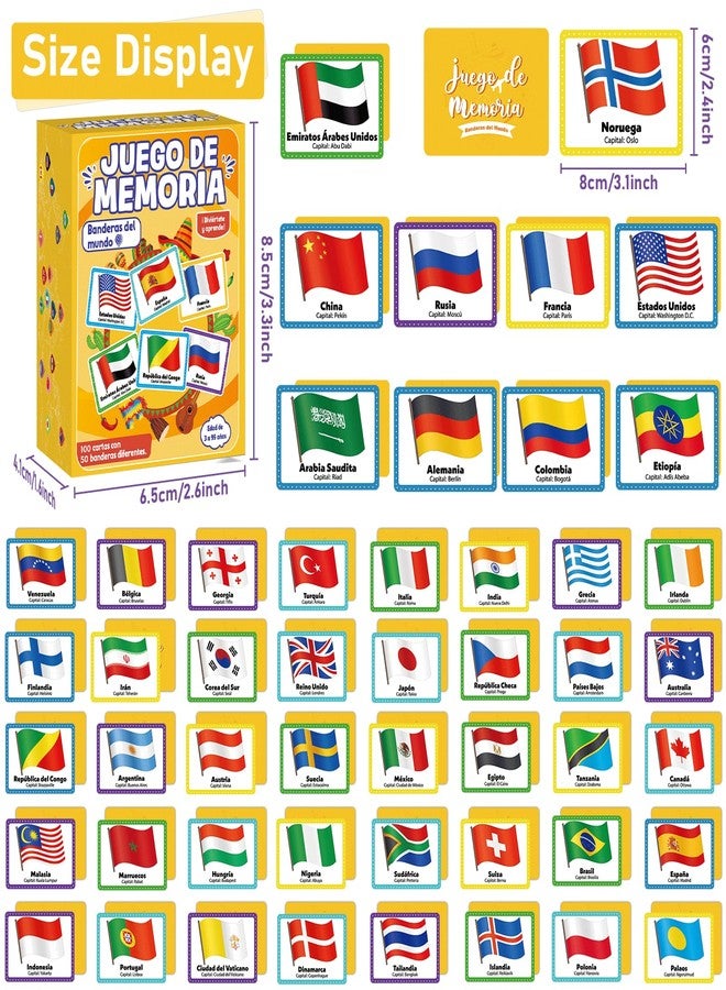 gisgfim 50 Pairs Memory Matching Game Juego de Memoria de Banderas del Mundo en español para niños y adultos Flags of The World Concentration Memory Card in Spanish Educational Matching Games - Image 2
