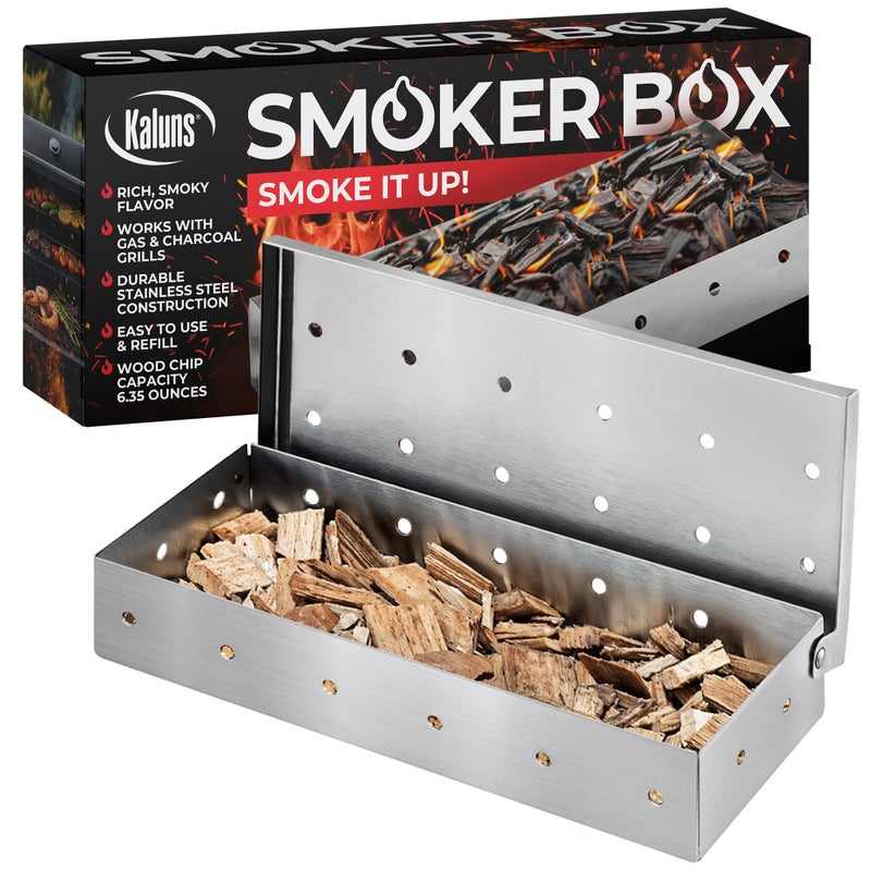 Kaluns Universal Stainless Steel Smoker Box Gas or Charcoal Grill Smoke Box Works with Wood Chips add Delicious Smoked Flavor Hinged LidWarp Free Grill Accessories