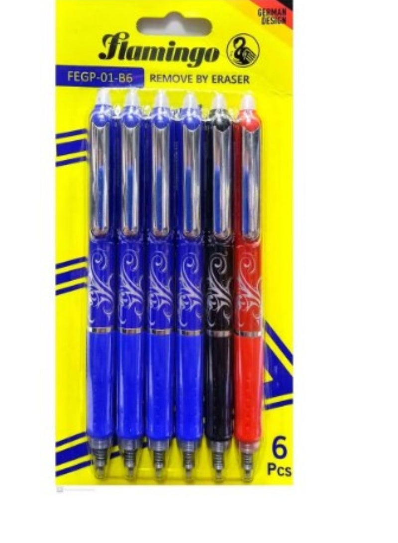 Flamingo 6-Pieces Erasable Pen Blue/Black/Red - Image 1